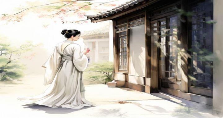 少妇白洁经典言情小说封面意象，江南庭院中一位身着素色旗袍的女性凝望窗外，光线柔和、文学气息浓郁